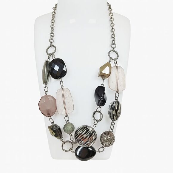 Gunmetal Chain Statement Necklace Zebra Print Beads Faceted Artisan 17" - 19" - Picture 1 of 14